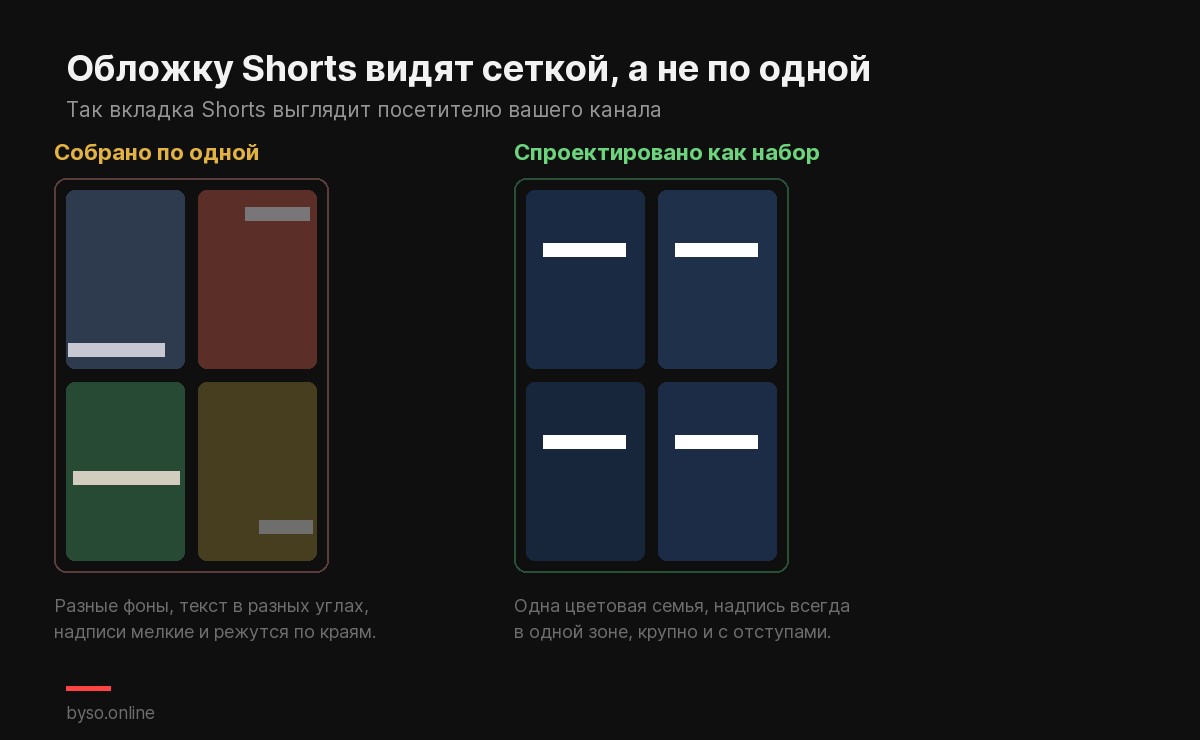 Two 2x2 grids of vertical Shorts covers: one assembled one cover at a time with mismatched backgrounds, one designed as a set